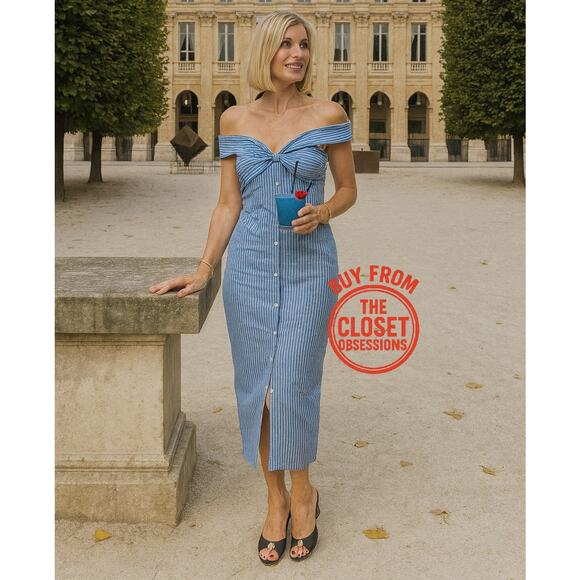 MANGO Off-Shoulder Striped Midi Dress 💙🤍 NWT - Picture 5 of 16